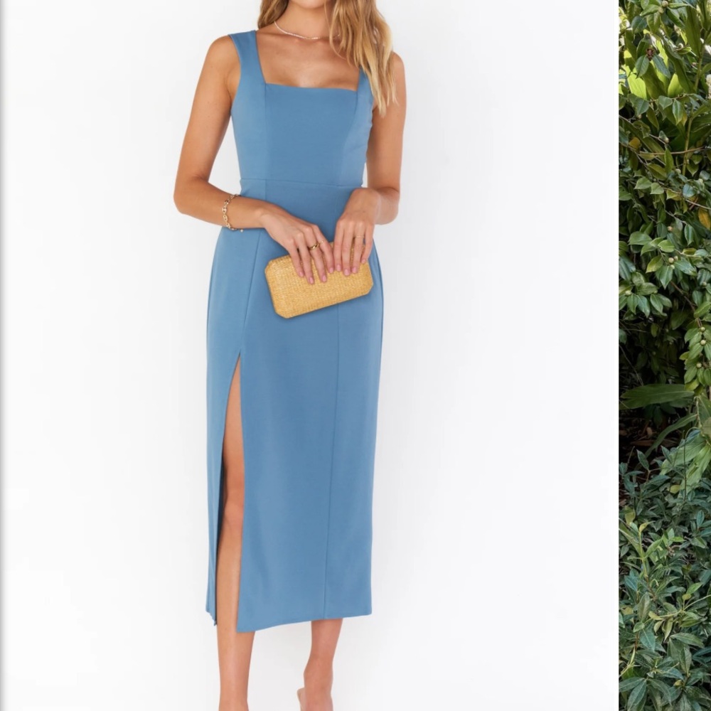Show Me Your MuMu Dusty Blue Midi Dress with Square Neck & Side Slit